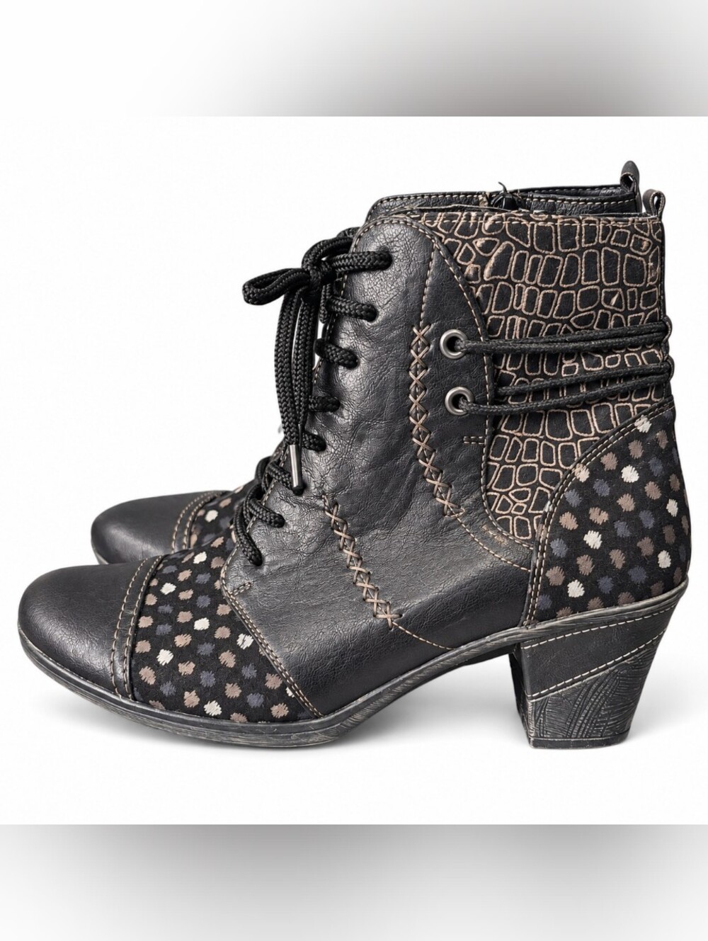 Women’s Black Lace Up Ankle Boots Block Heel Boho Mixed Print Textured